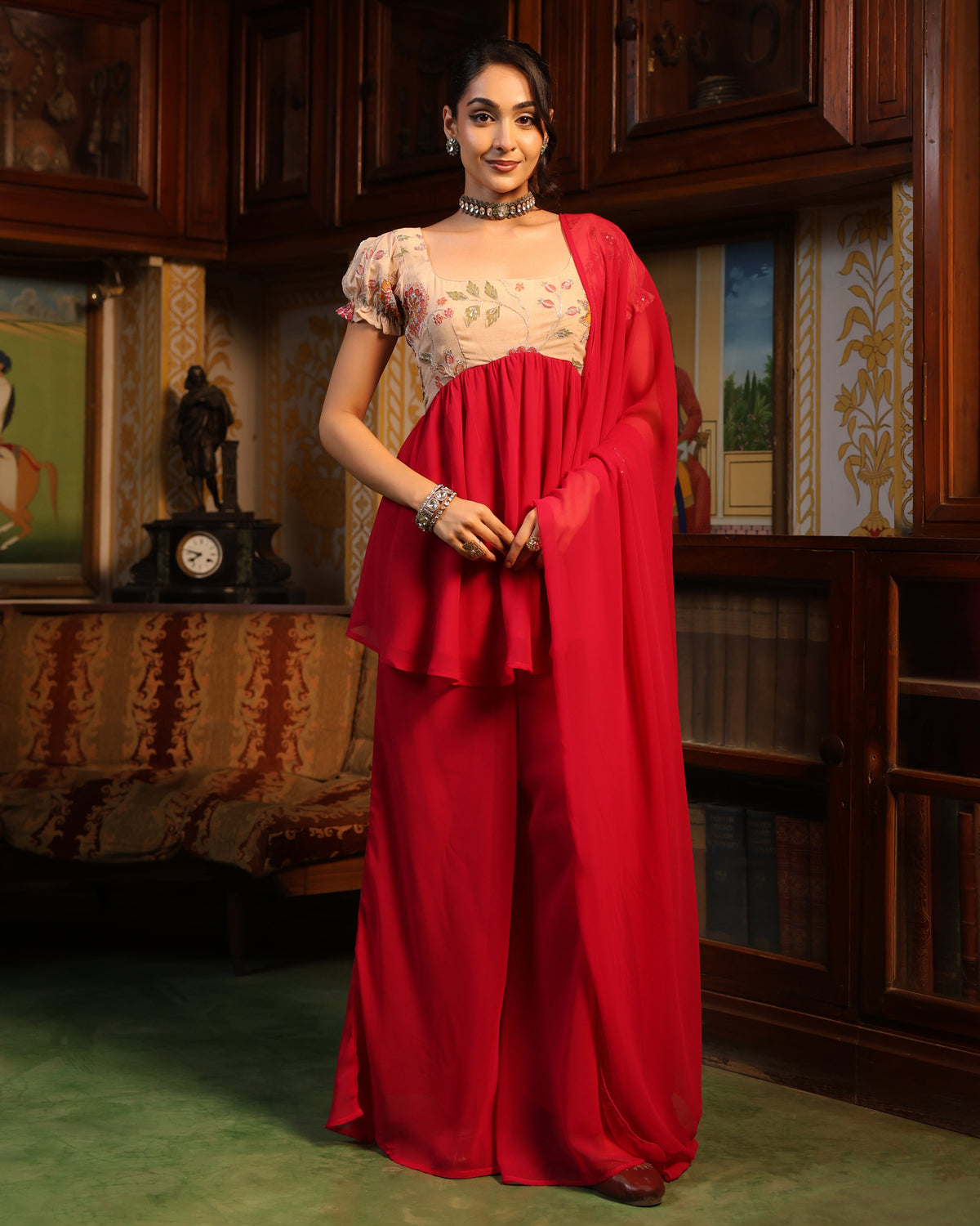 Women's Majenta Embroidered Gharara Set with Dupatta