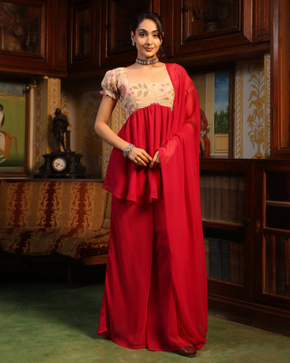 Women's Majenta Embroidered Gharara Set with Dupatta