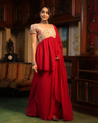 Women's Majenta Embroidered Gharara Set with Dupatta