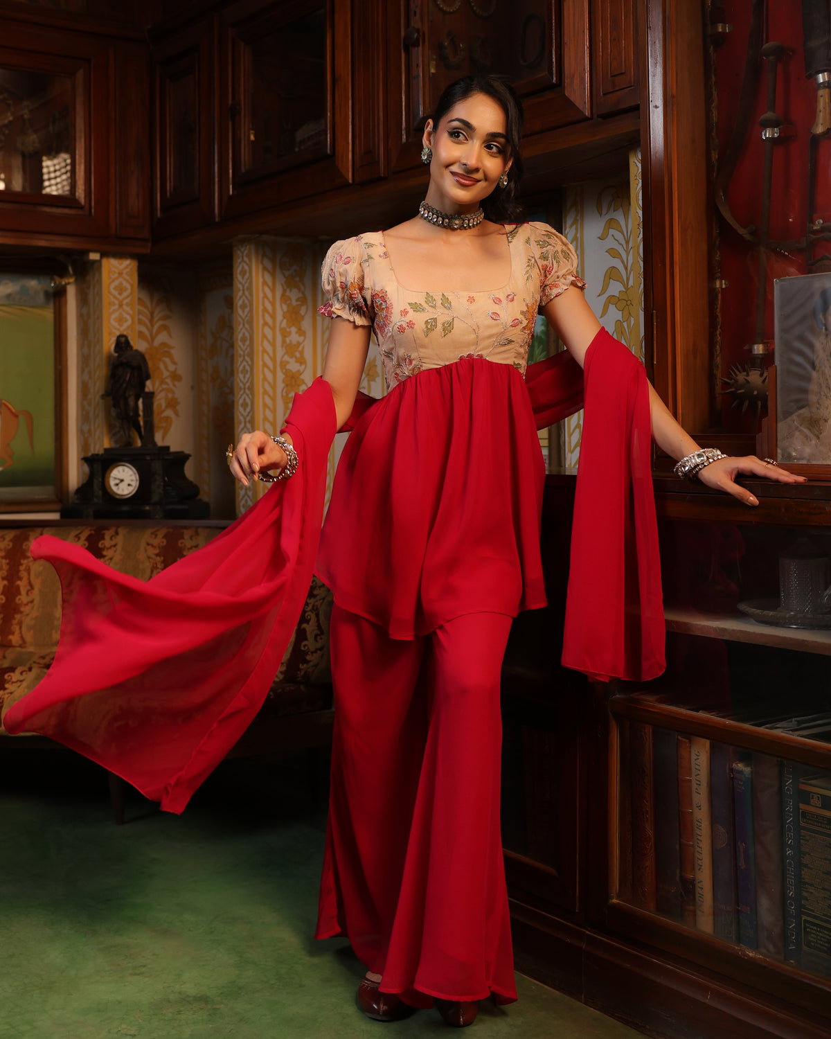 Women's Majenta Embroidered Gharara Set with Dupatta