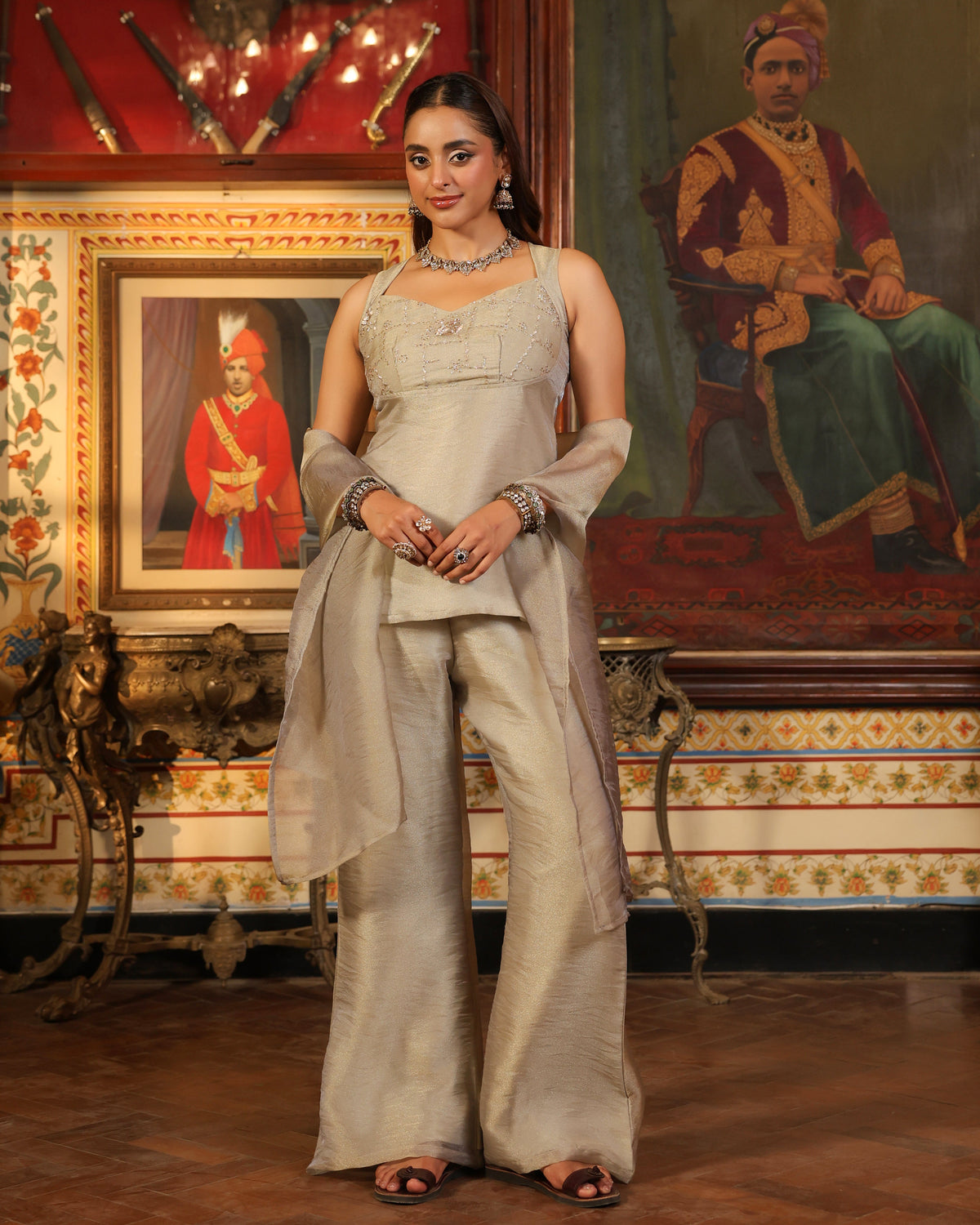 Women's Silver Tissue Kurta Set with Dupatta