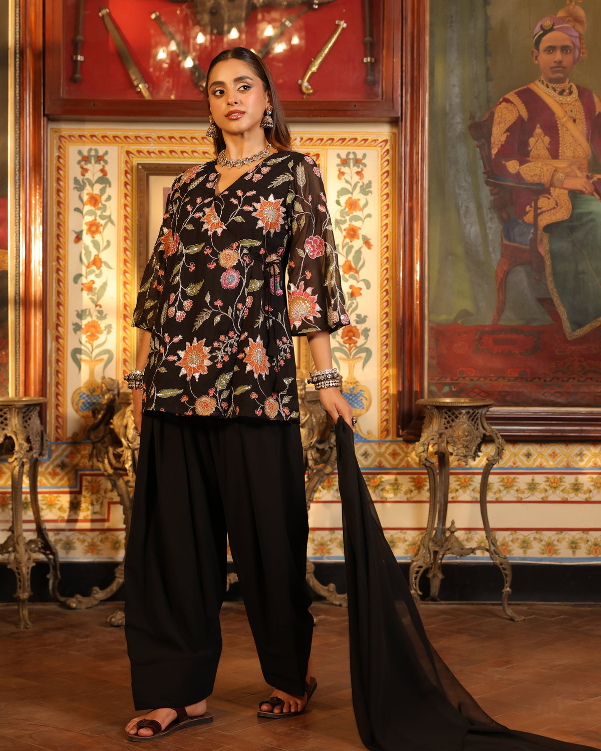 Women's Black Angrakaha Embroidered Kurta Set with Dupatta