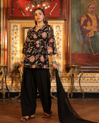 Women's Black Angrakaha Embroidered Kurta Set with Dupatta
