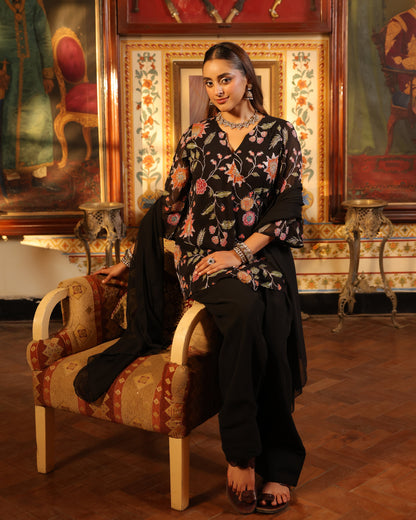 Women's Black Angrakaha Embroidered Kurta Set with Dupatta