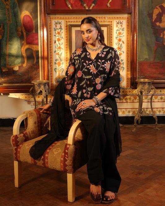 Women's Black Angrakaha Embroidered Kurta Set with Dupatta