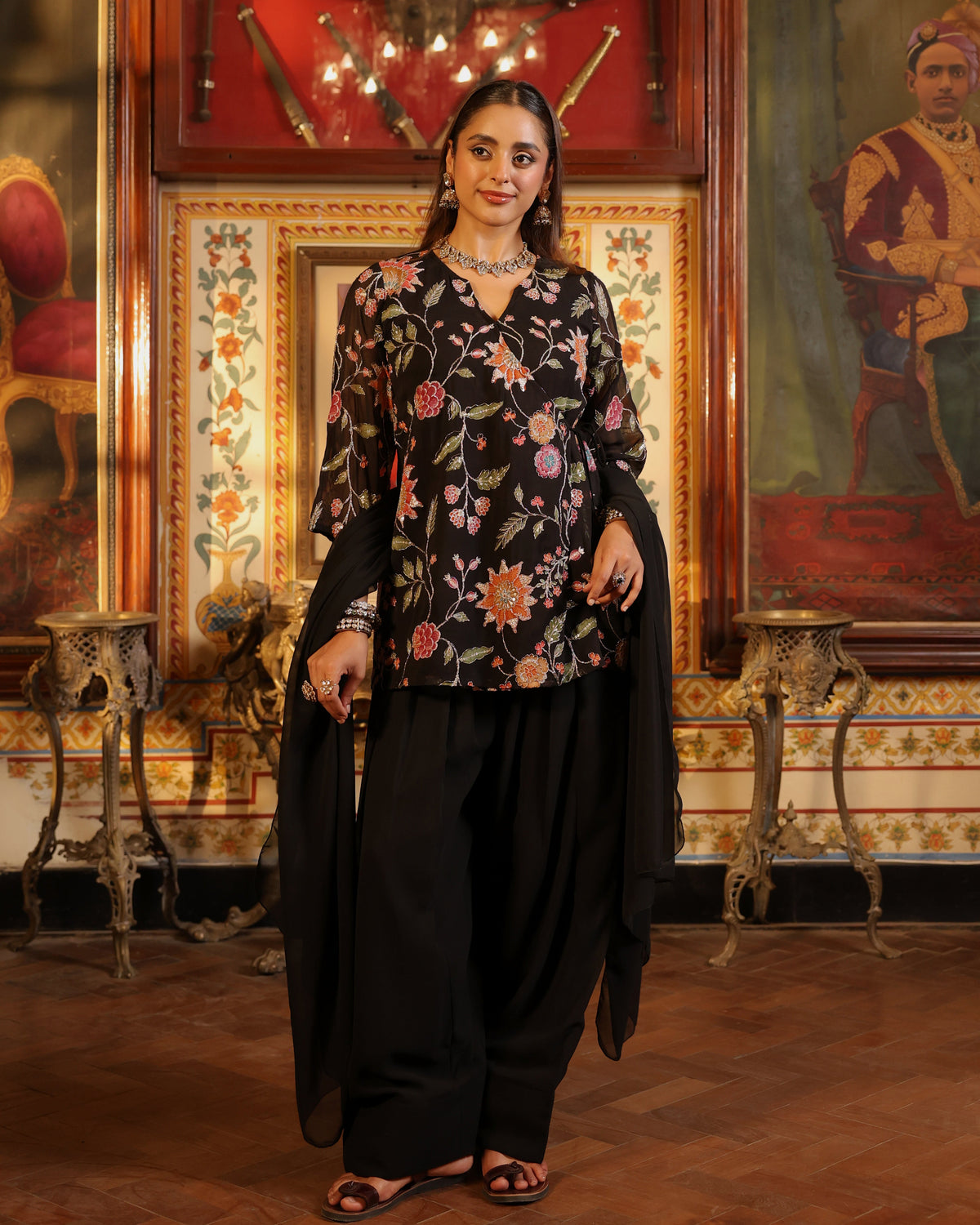 Women's Black Angrakaha Embroidered Kurta Set with Dupatta