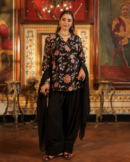 Women's Black Angrakaha Embroidered Kurta Set with Dupatta