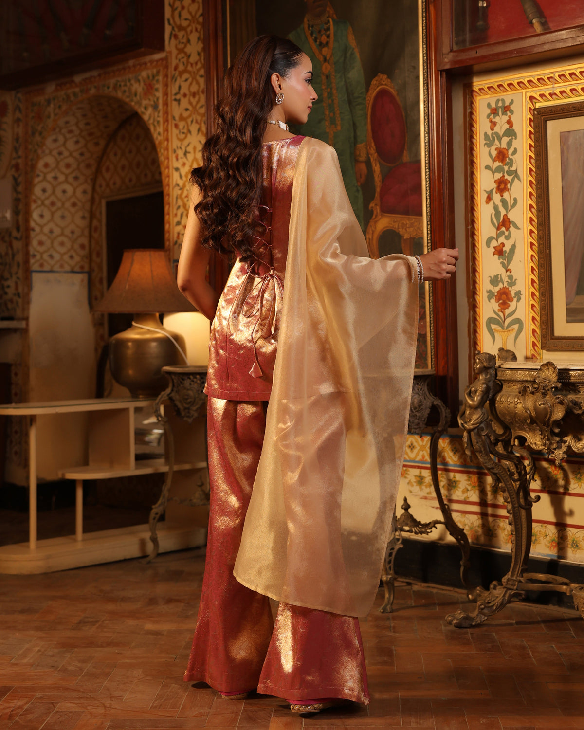 Women's Pink Brocade Kurta and Flared Trouser with Dupatta