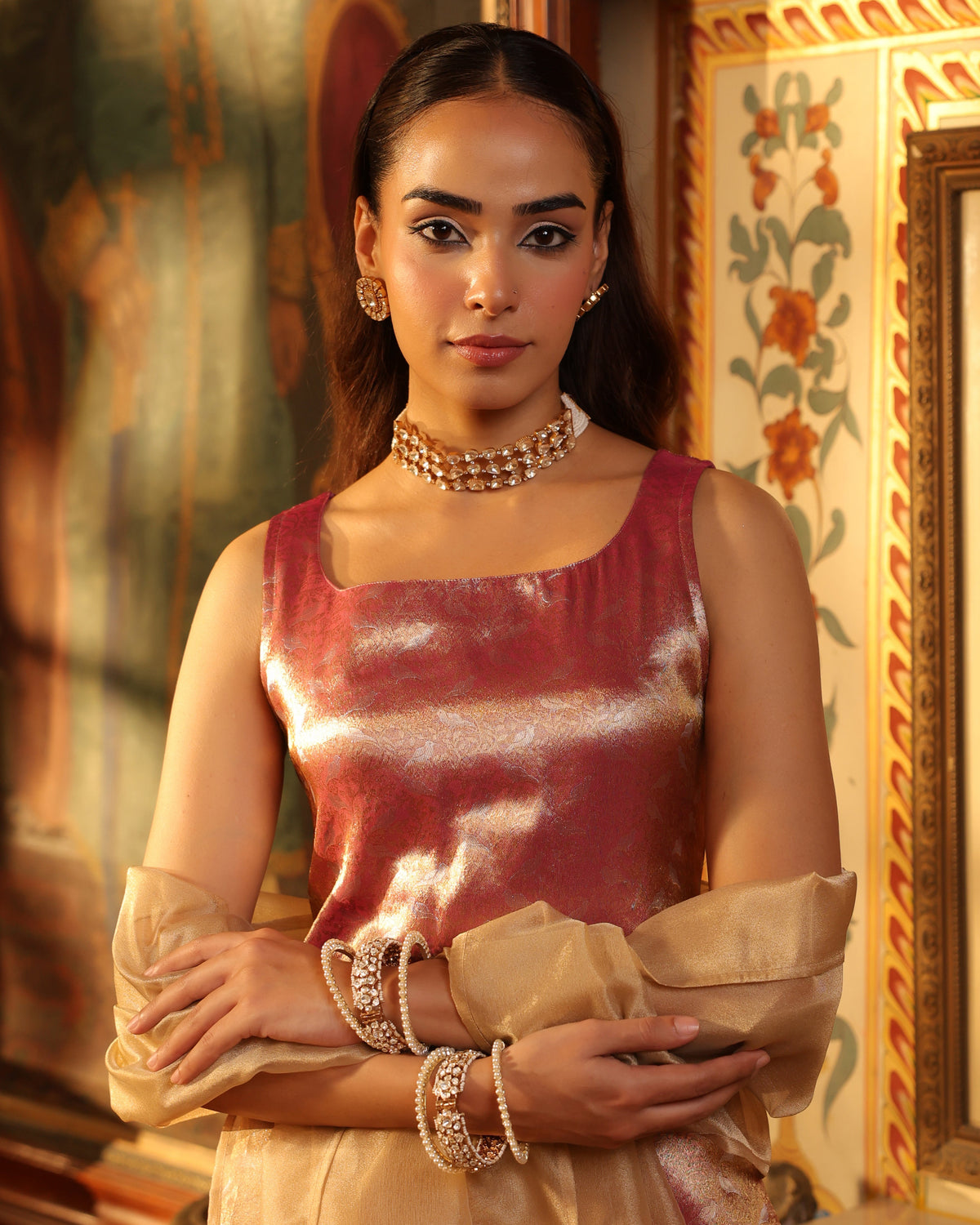Women's Pink Brocade Kurta and Flared Trouser with Dupatta