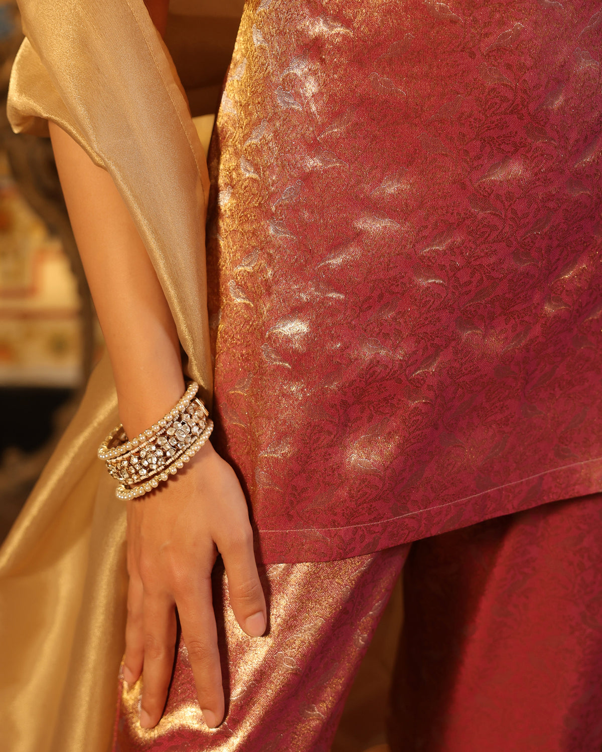 Women's Pink Brocade Kurta and Flared Trouser with Dupatta