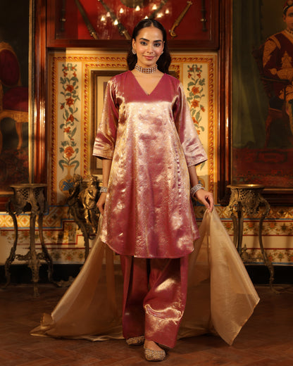 Women's Pink Brocade Long Kurta Set with Dupatta