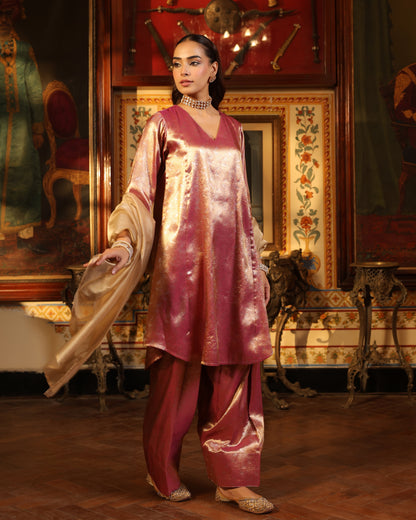 Women's Pink Brocade Long Kurta Set with Dupatta