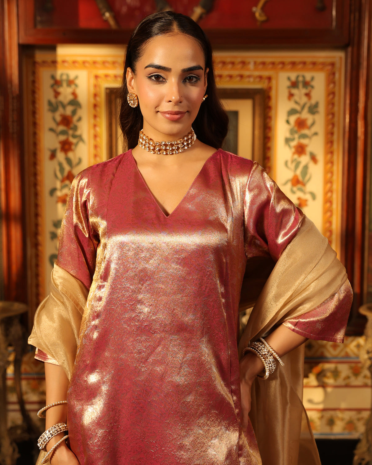 Women's Pink Brocade Long Kurta Set with Dupatta