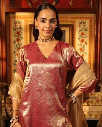 Women's Pink Brocade Long Kurta Set with Dupatta
