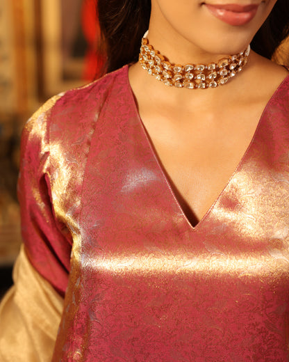 Women's Pink Brocade Long Kurta Set with Dupatta