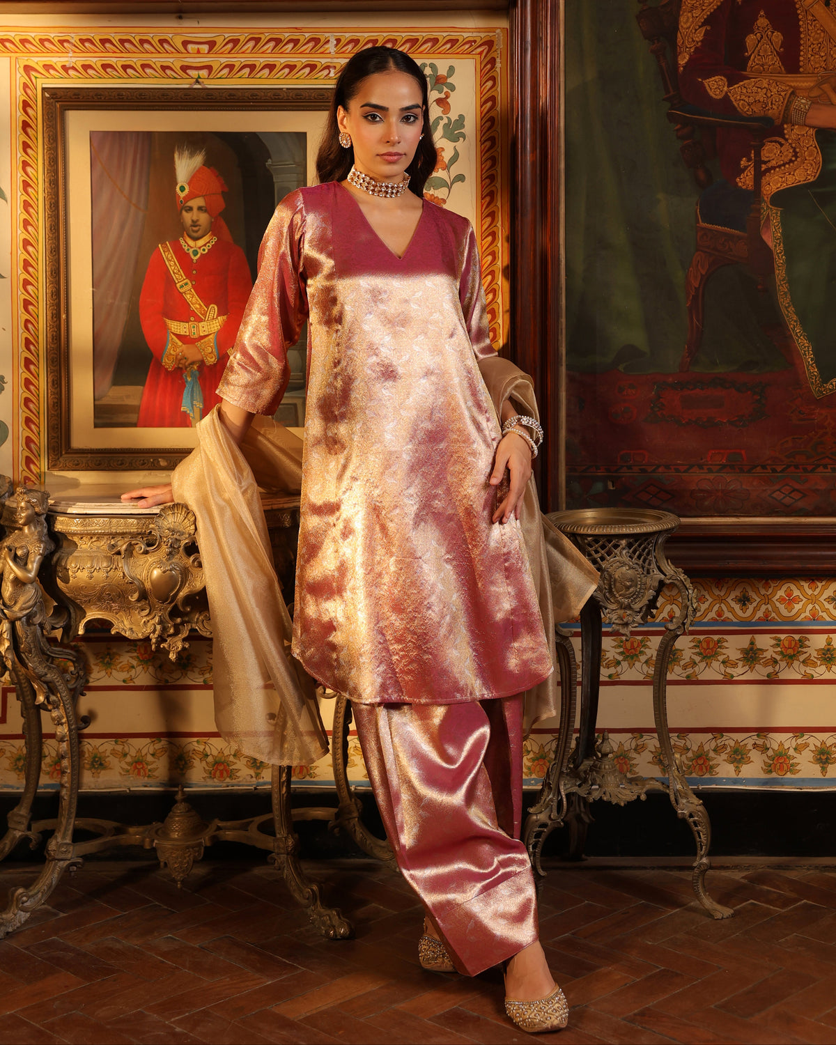Women's Pink Brocade Long Kurta Set with Dupatta