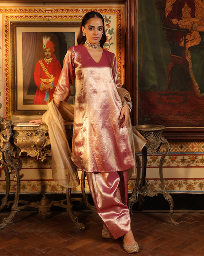 Women's Pink Brocade Long Kurta Set with Dupatta