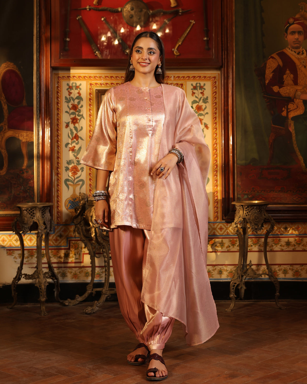 Women's Peach Brocade Dhoti Set with Dupatta