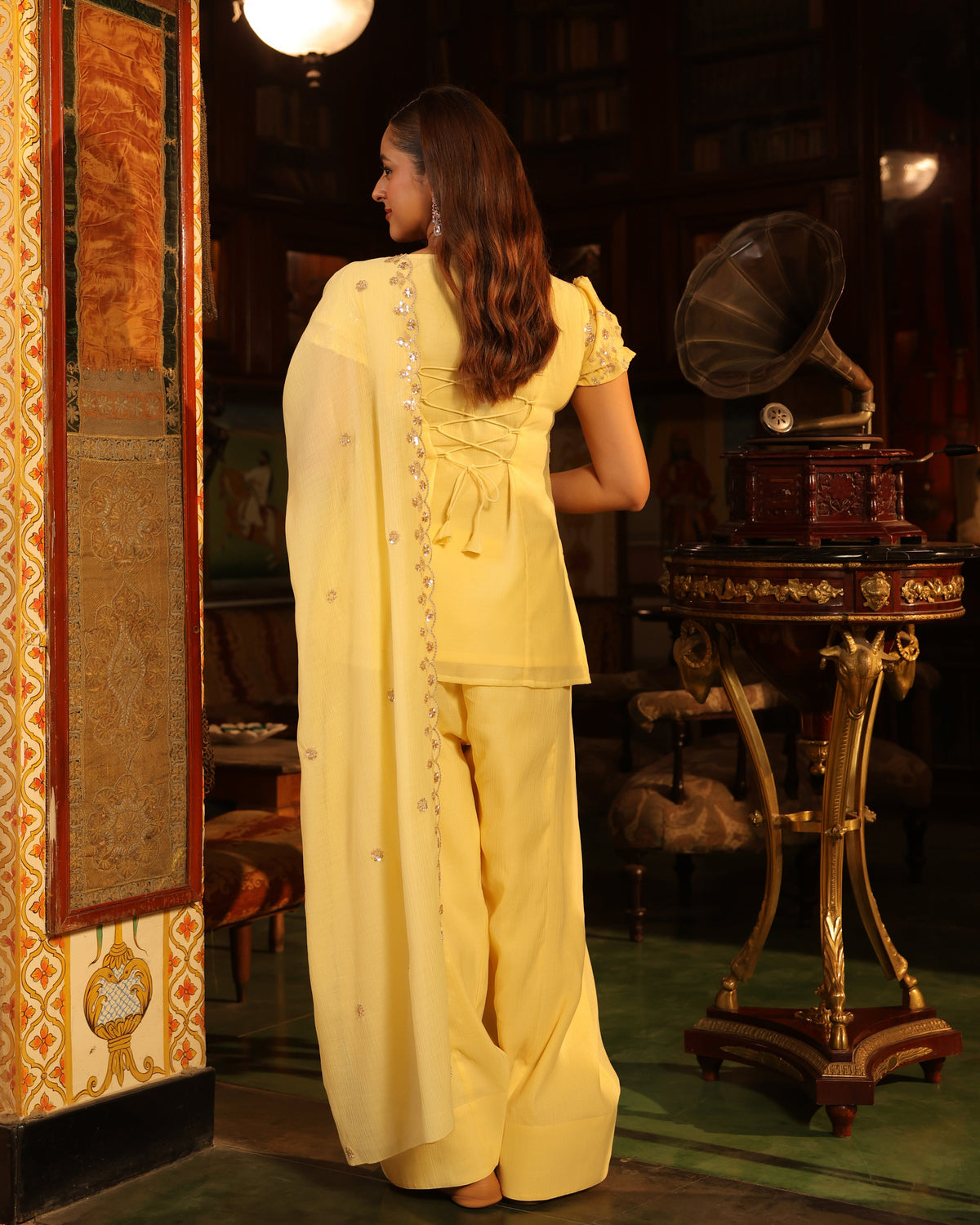 Women's Butter Yellow Embroidered Farshi Set with Dupatta