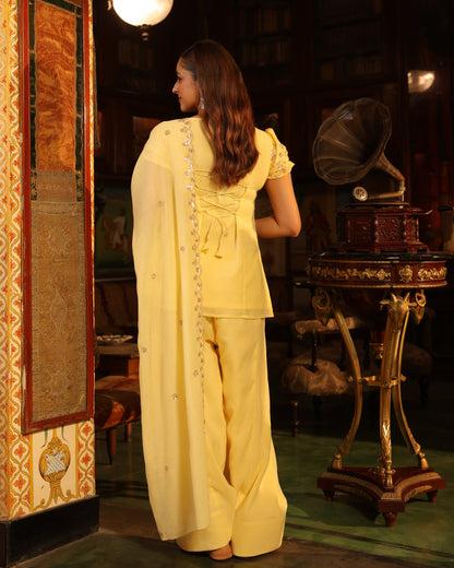 Women's Butter Yellow Embroidered Farshi Set with Dupatta