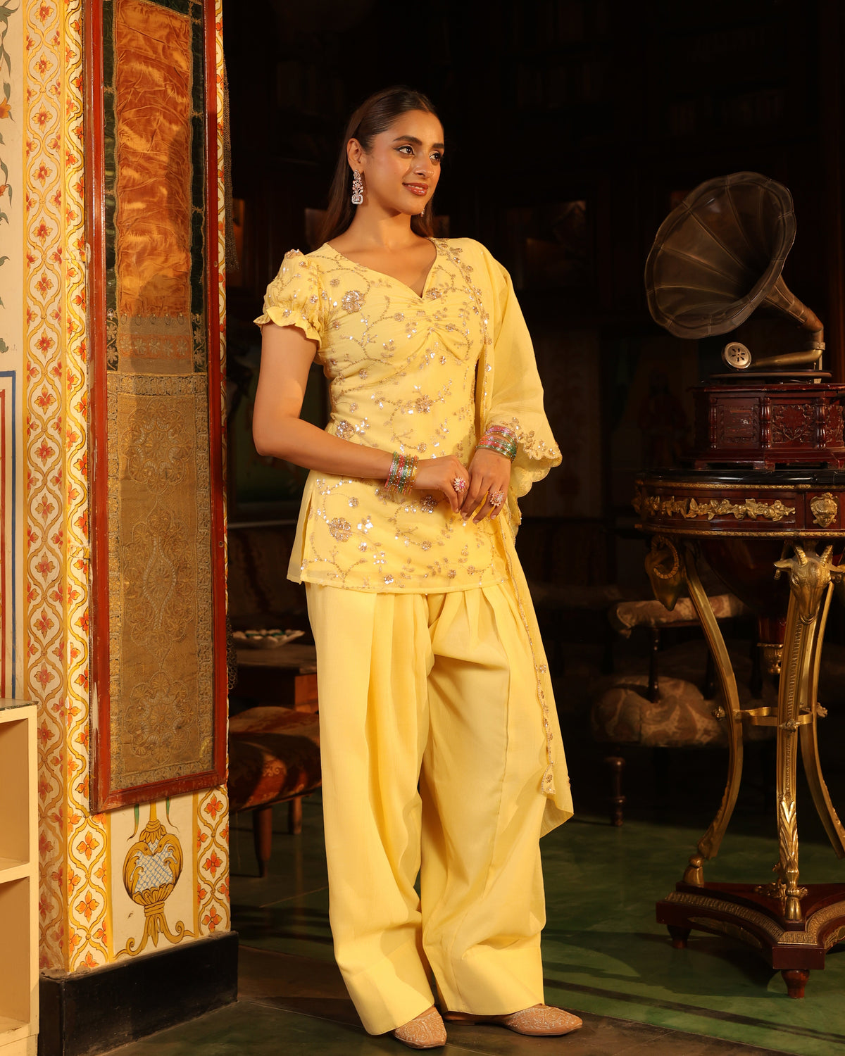 Women's Butter Yellow Embroidered Farshi Set with Dupatta