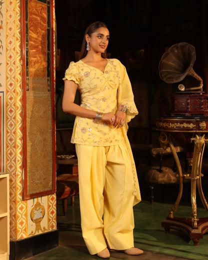 Women's Butter Yellow Embroidered Farshi Set with Dupatta