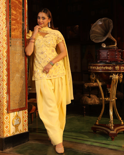 Women's Butter Yellow Embroidered Farshi Set with Dupatta