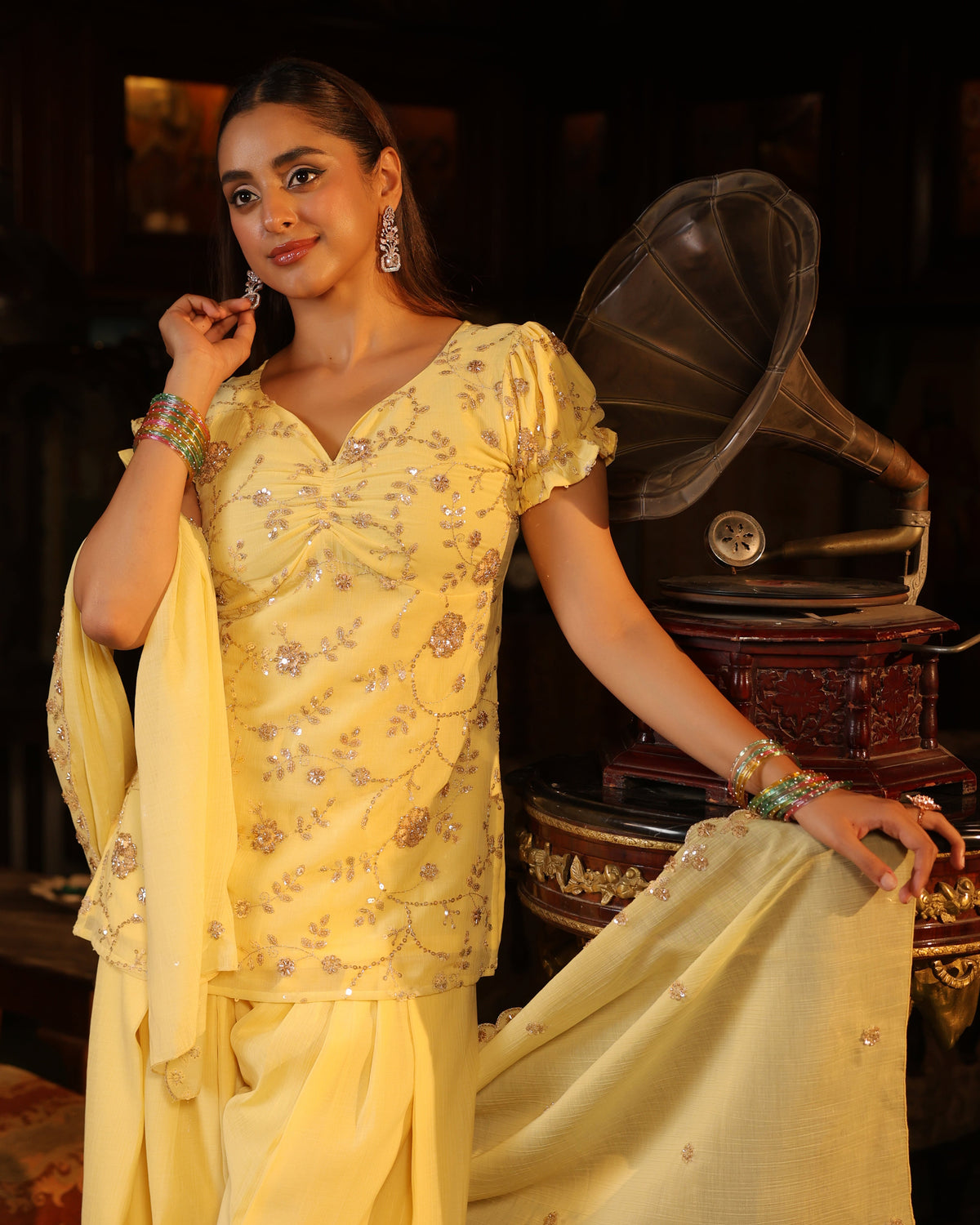 Women's Butter Yellow Embroidered Farshi Set with Dupatta