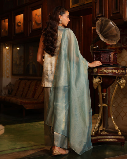 Women's Icy Blue Brocade Farshi Set with Dupatta