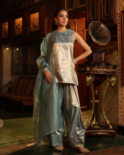 Women's Icy Blue Brocade Farshi Set with Dupatta