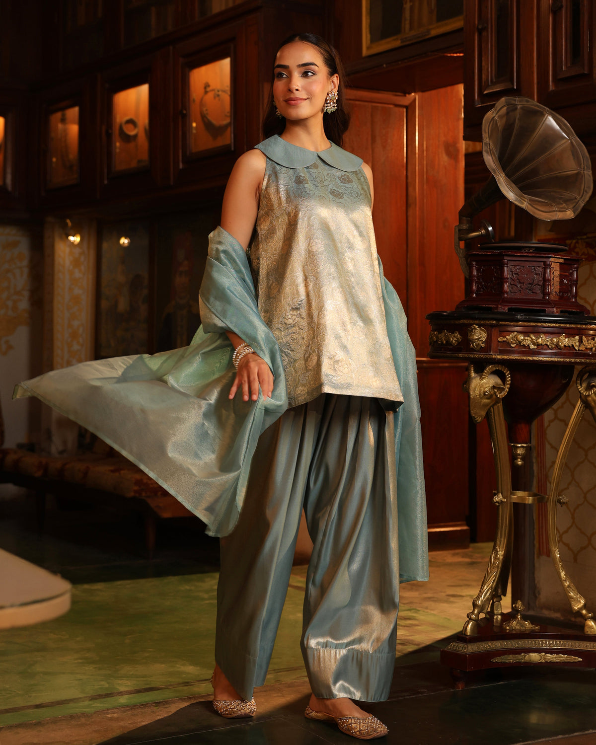 Women's Icy Blue Brocade Farshi Set with Dupatta