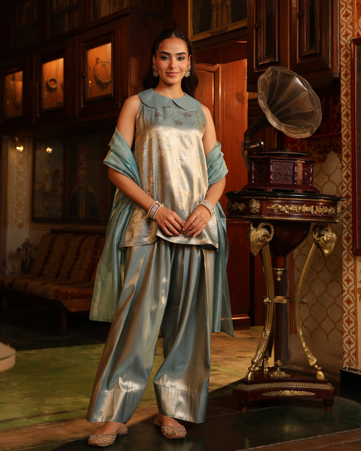 Women's Icy Blue Brocade Farshi Set with Dupatta