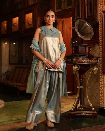 Women's Icy Blue Brocade Farshi Set with Dupatta