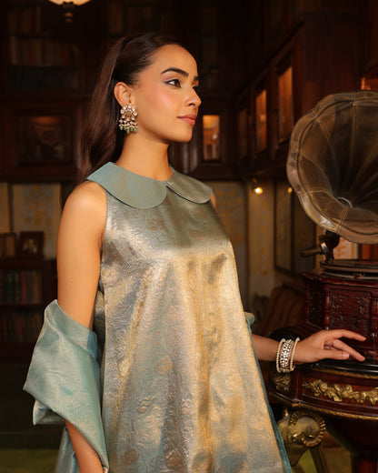 Women's Icy Blue Brocade Farshi Set with Dupatta