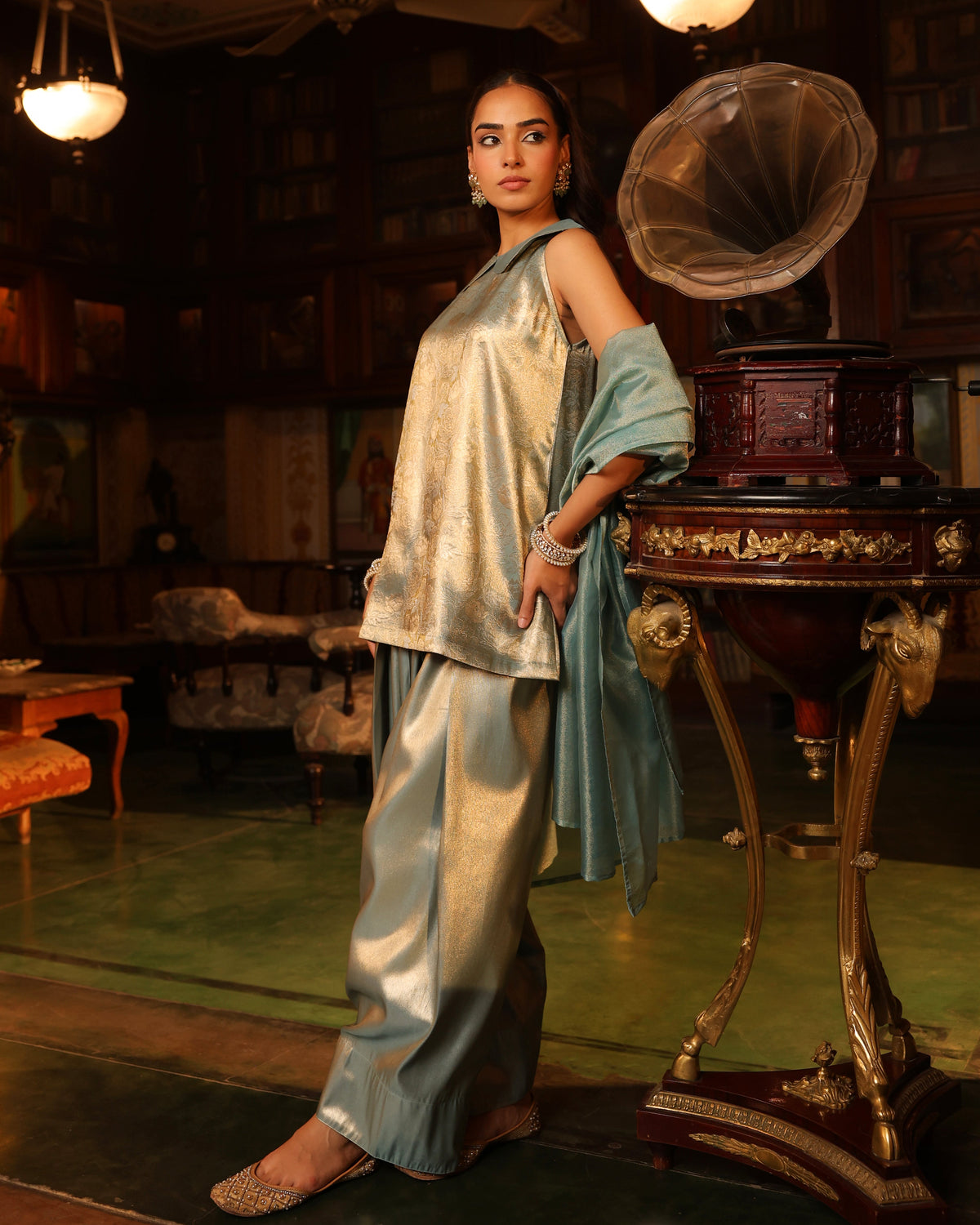 Women's Icy Blue Brocade Farshi Set with Dupatta