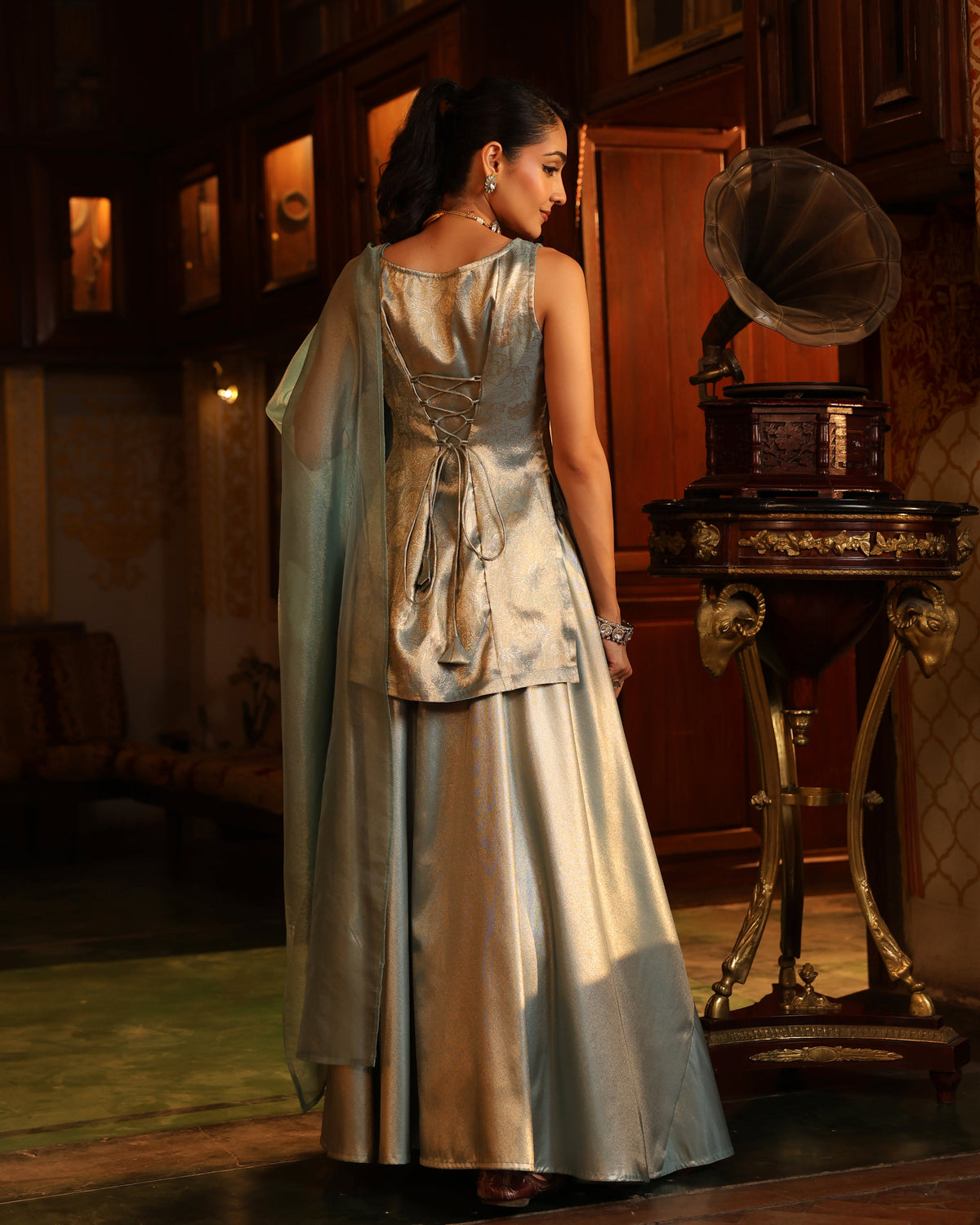 Women's Brocade Short Kurti Set With Skirt and Dupatta