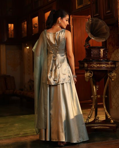 Women's Brocade Short Kurti Set With Skirt and Dupatta