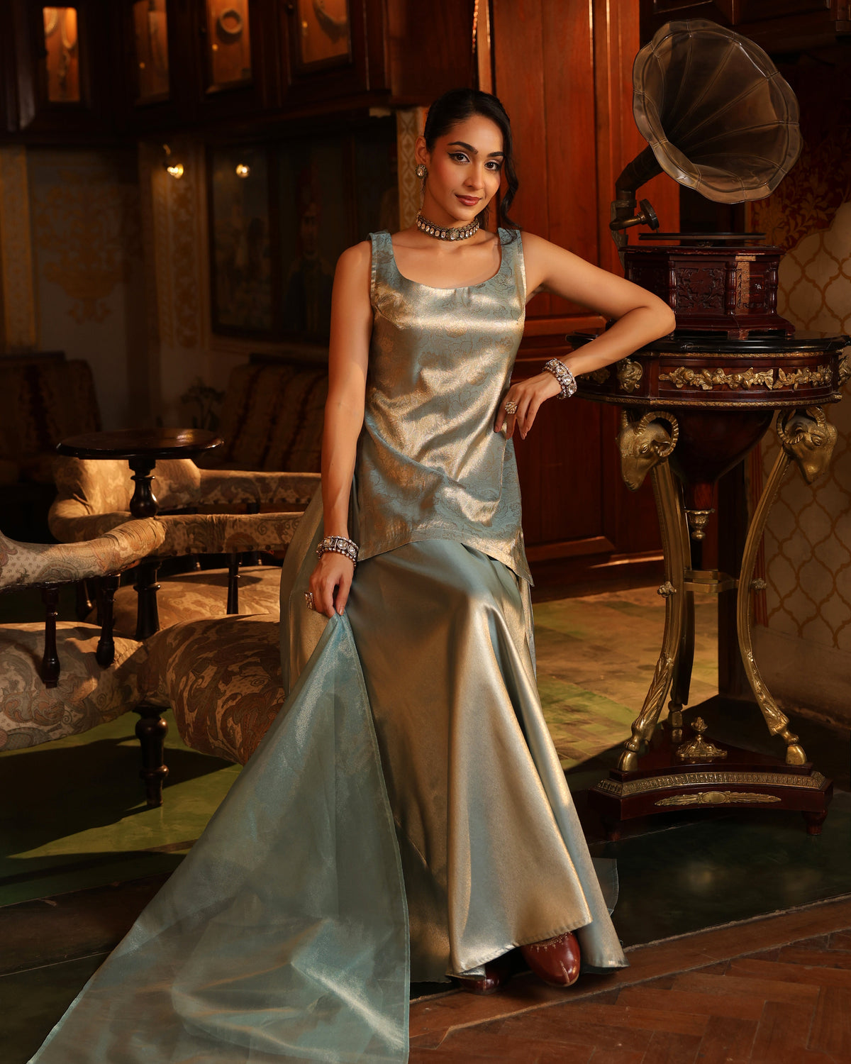 Women's Brocade Short Kurti Set With Skirt and Dupatta