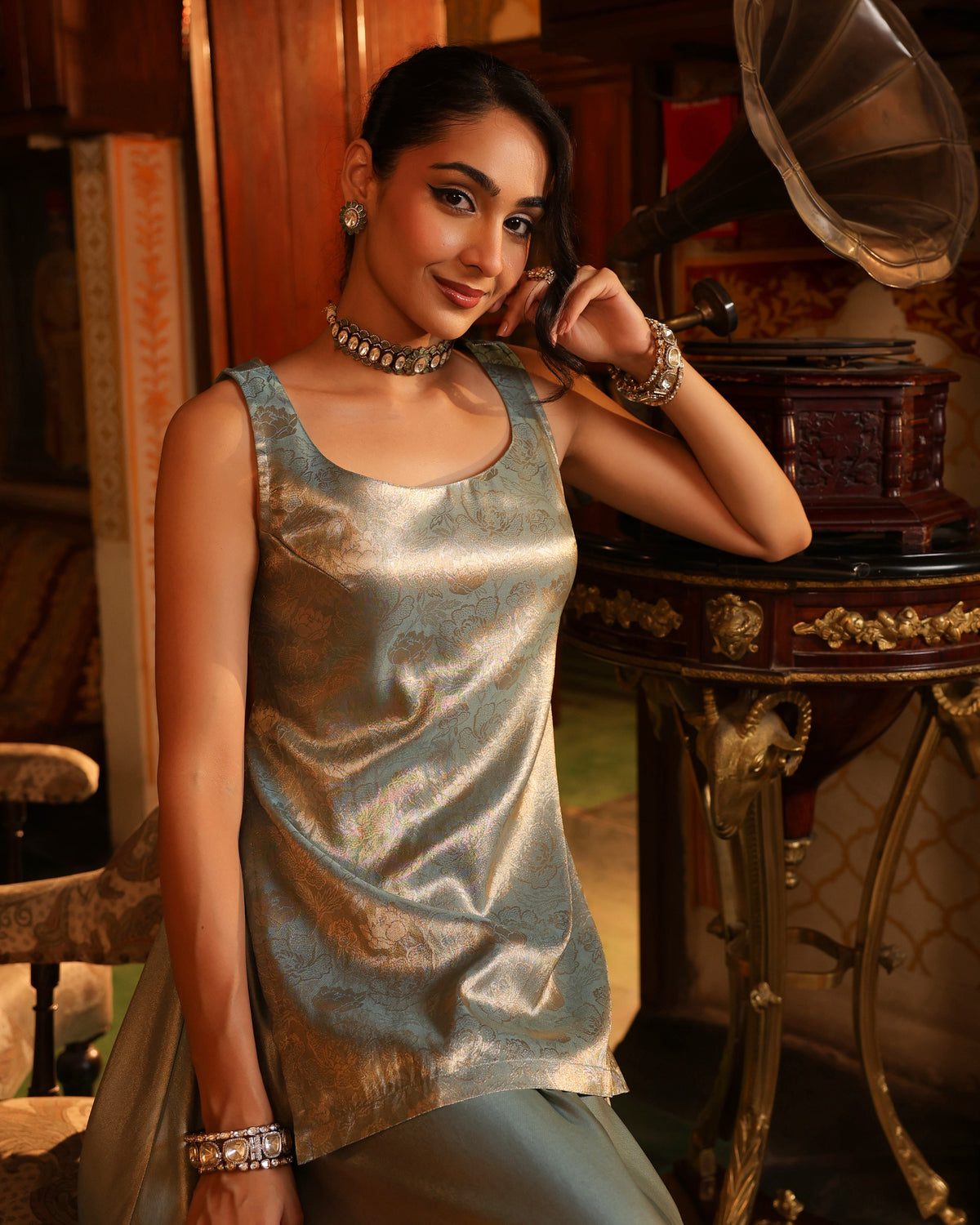 Women's Brocade Short Kurti Set With Skirt and Dupatta