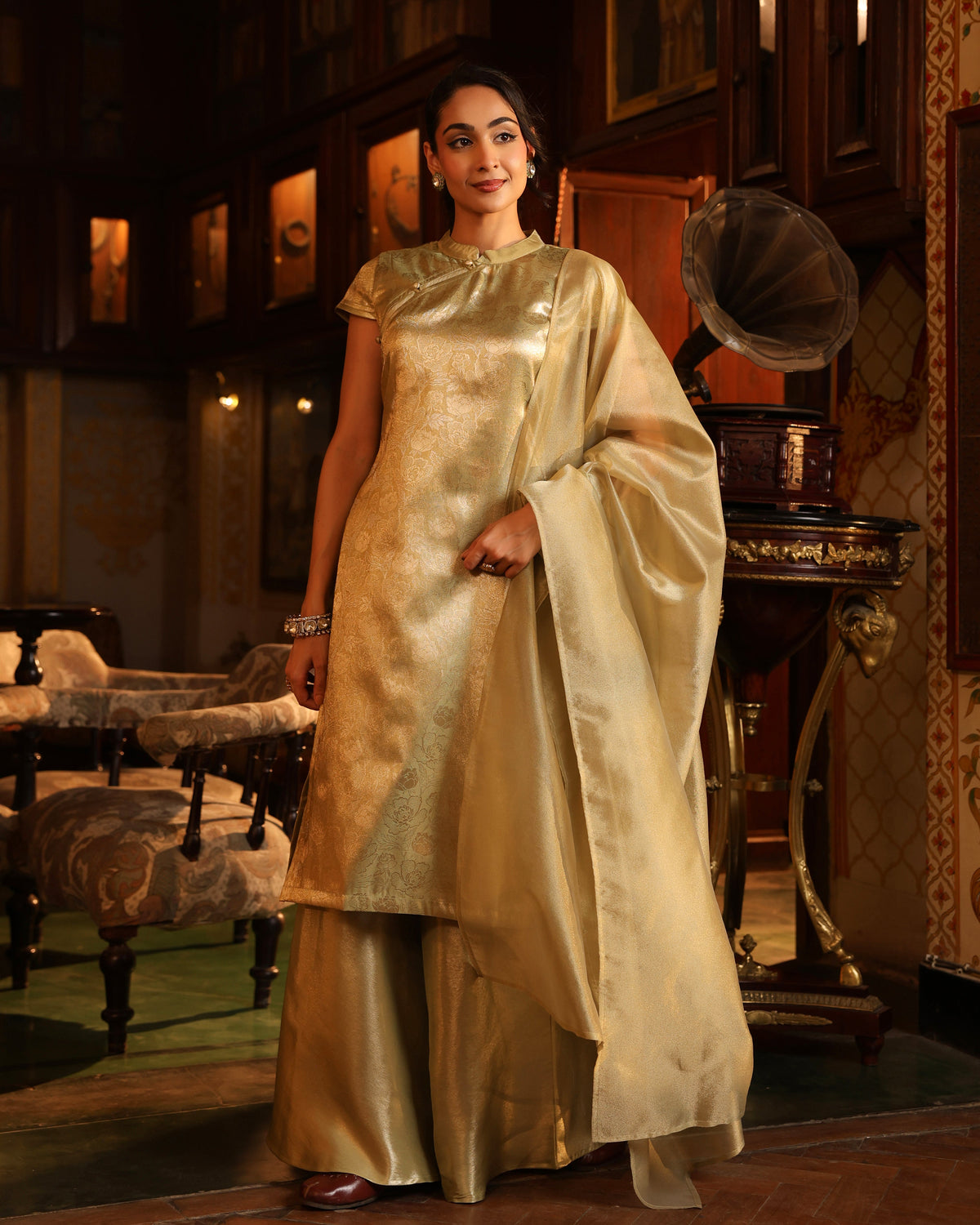 Women's Matcha Green Brocade Kurta Set with Dupatta