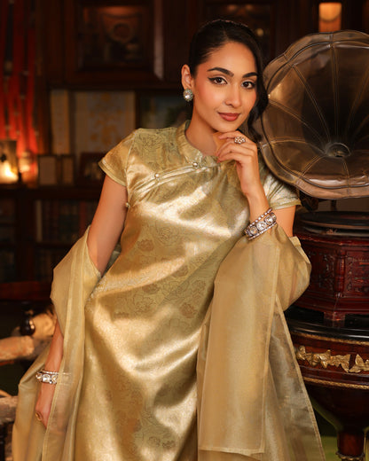 Women's Matcha Green Brocade Kurta Set with Dupatta