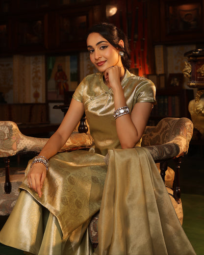 Women's Matcha Green Brocade Kurta Set with Dupatta