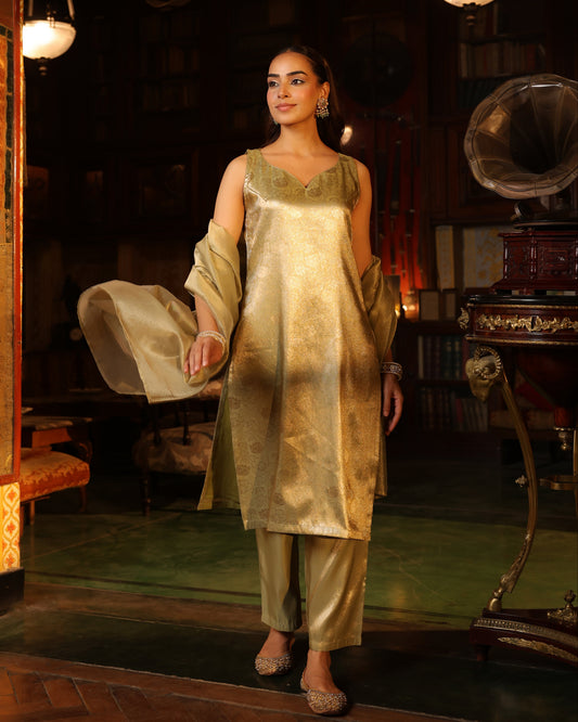 Women's Match Green Sleeveless Kurta Set with Dupatta