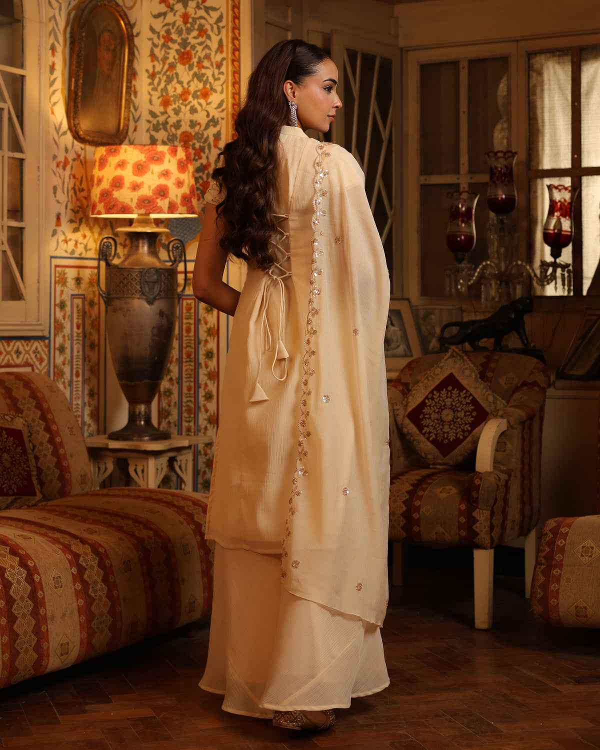 Women's Cream Embroidered Long Kurta Set with Dupatta