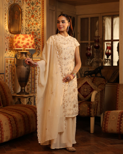 Women's Cream Embroidered Long Kurta Set with Dupatta