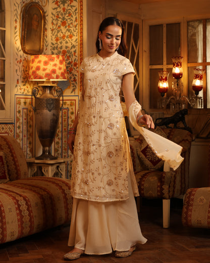Women's Cream Embroidered Long Kurta Set with Dupatta