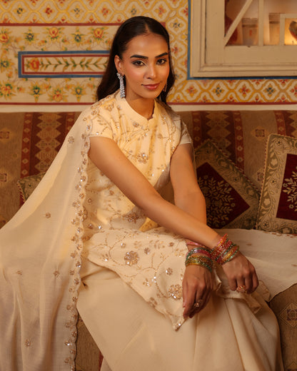 Women's Cream Embroidered Long Kurta Set with Dupatta