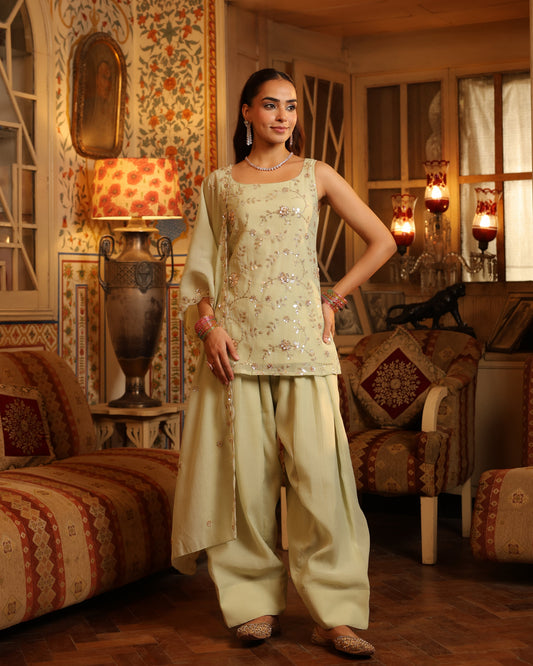 Women's Mint Embroidered Farshi Set with Dupatta
