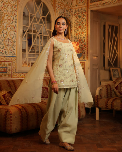 Women's Mint Embroidered Farshi Set with Dupatta