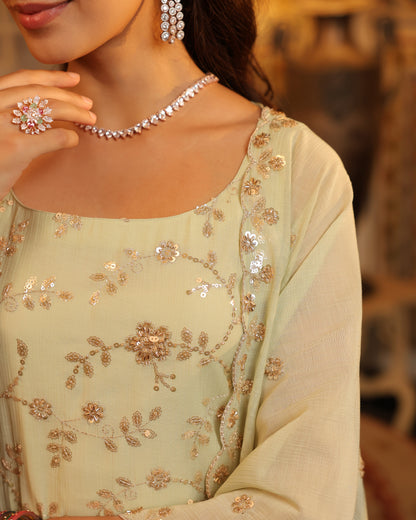 Women's Mint Embroidered Farshi Set with Dupatta